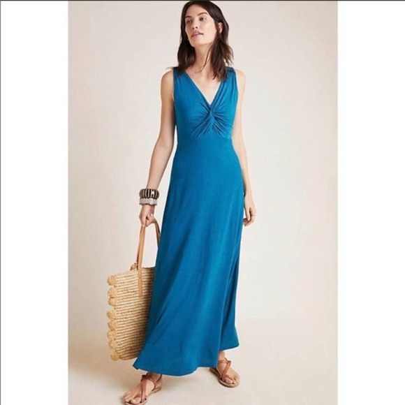ANTHROPOLOGIE Maeve Camilla Teal Maxi Dress V Neck Knot Front Blue Size XS - Picture 1 of 15